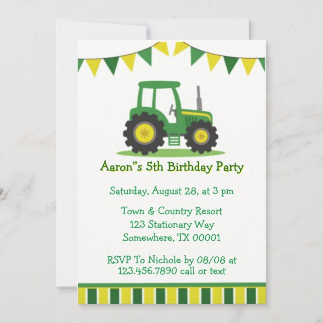 Invitación Fiesta de cumpleaños del chico Tractor Green Green (Anverso)