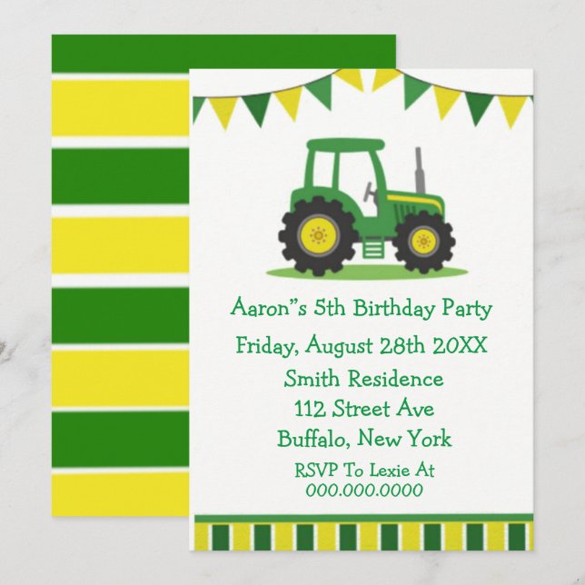 Invitación Fiesta de cumpleaños del chico Tractor Green Green (Anverso / Reverso)