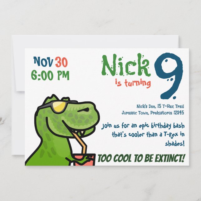 Invitación Fiesta de cumpleaños del chino más frío - T-Rex pe (Anverso)