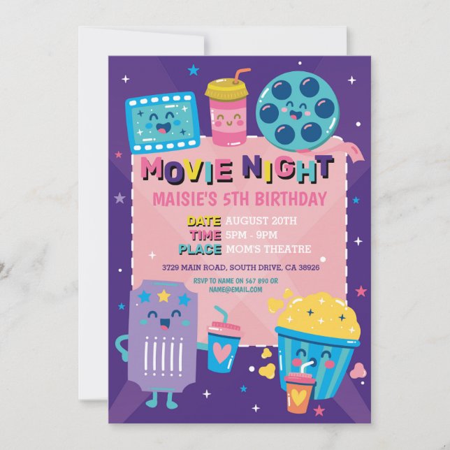 Invitación Fiesta de cumpleaños del cine de la noche de la no (Anverso)