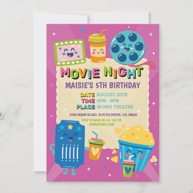 Invitación Fiesta de cumpleaños del cine de la noche de la no (Anverso)