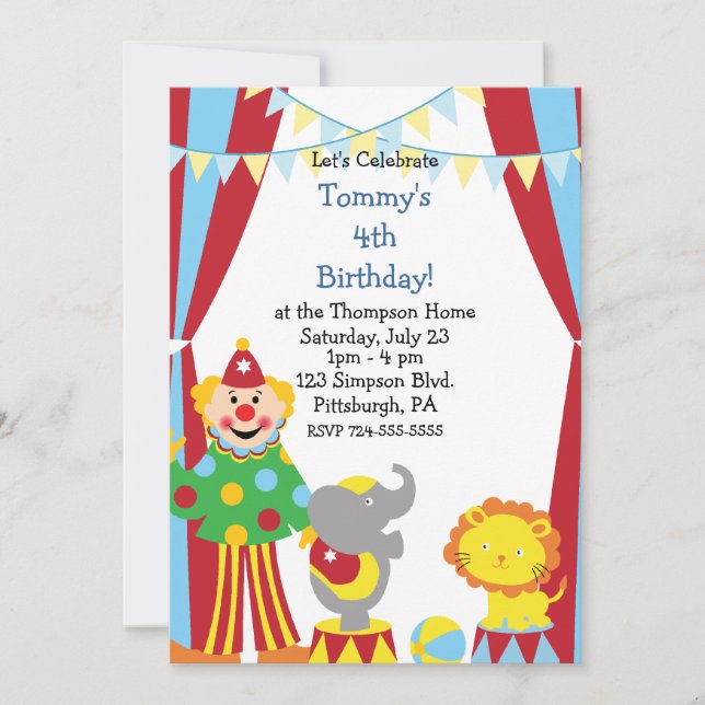 Invitación Fiesta de cumpleaños del circo infantil Personaliz (Anverso)