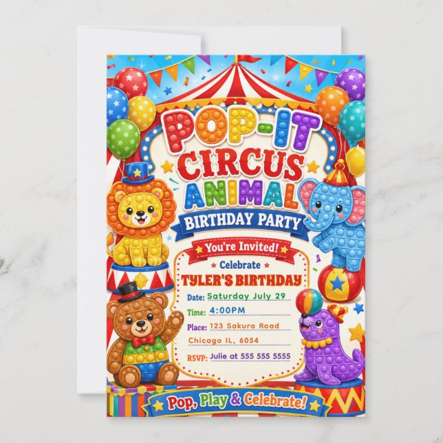 Invitación Fiesta de Cumpleaños del Circo Pop It (Anverso)
