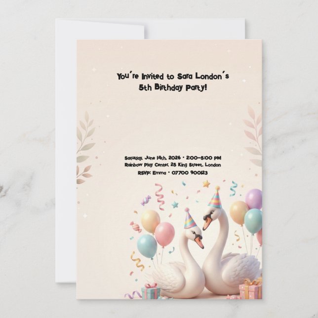 Invitación Fiesta de Cumpleaños del Cisne Adorable (Anverso)