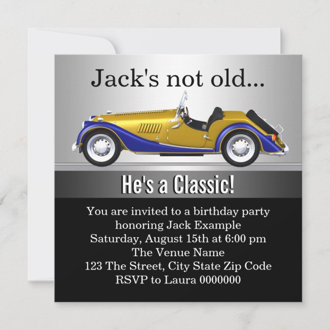 Invitación Fiesta de cumpleaños del coche clásico de Mans (Anverso)