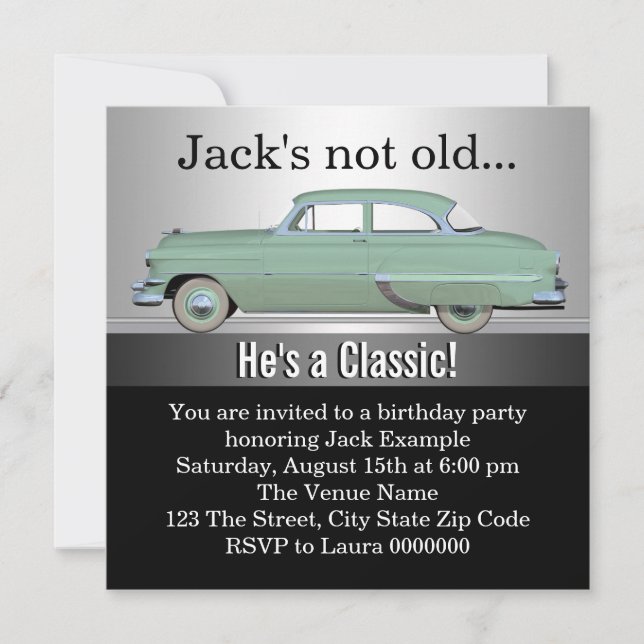 Invitación Fiesta de cumpleaños del coche clásico de Mans (Anverso)