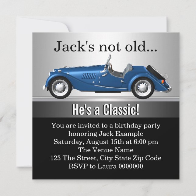 Invitación Fiesta de cumpleaños del coche clásico de Mans (Anverso)