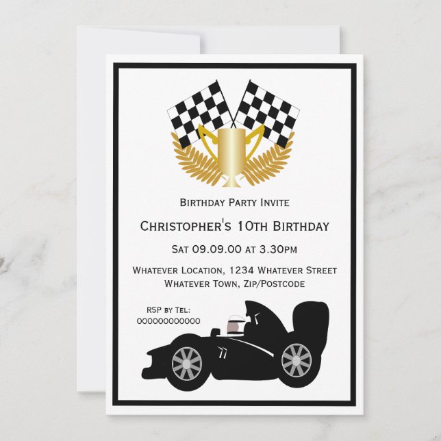 Invitación Fiesta de cumpleaños del coche de Carreras negra (Anverso)