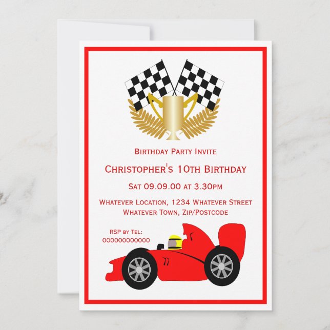 Invitación Fiesta de cumpleaños del coche de la Carreras Roja (Anverso)