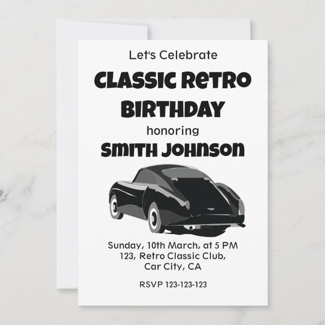 Invitación Fiesta de cumpleaños del coche retro clásico (Anverso)