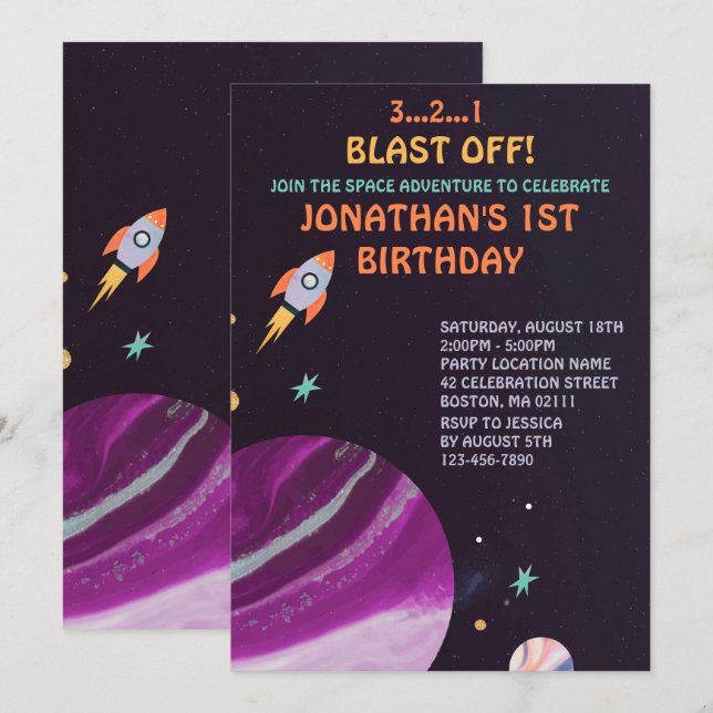 Invitación Fiesta de cumpleaños del cohete espacial exterior (Anverso / Reverso)
