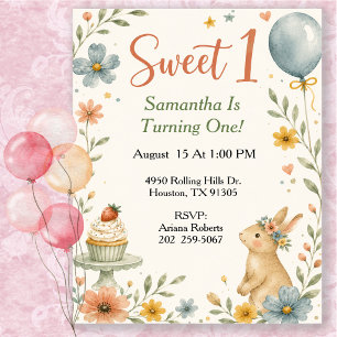 Invitación Fiesta de cumpleaños del conejito acuarela Sweet 1