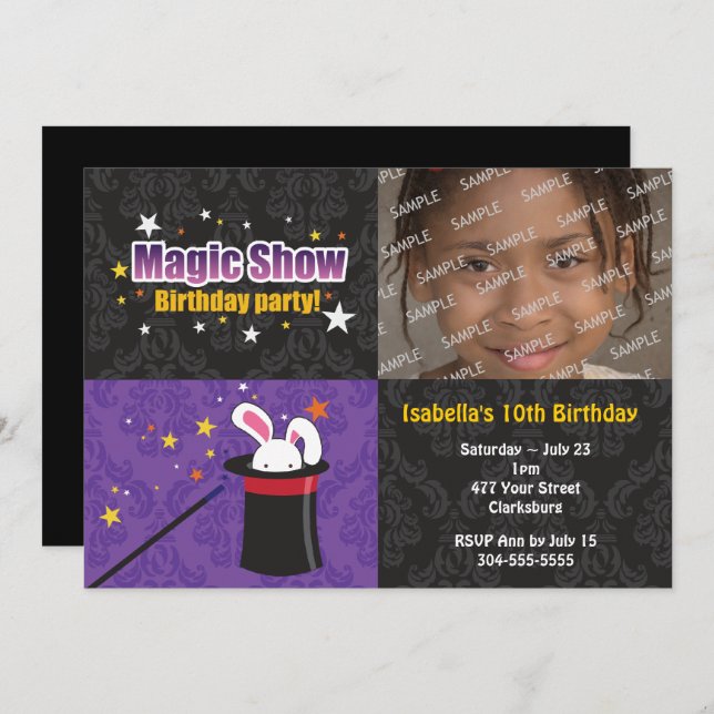 Invitación Fiesta de cumpleaños del conejo del mago (Anverso / Reverso)