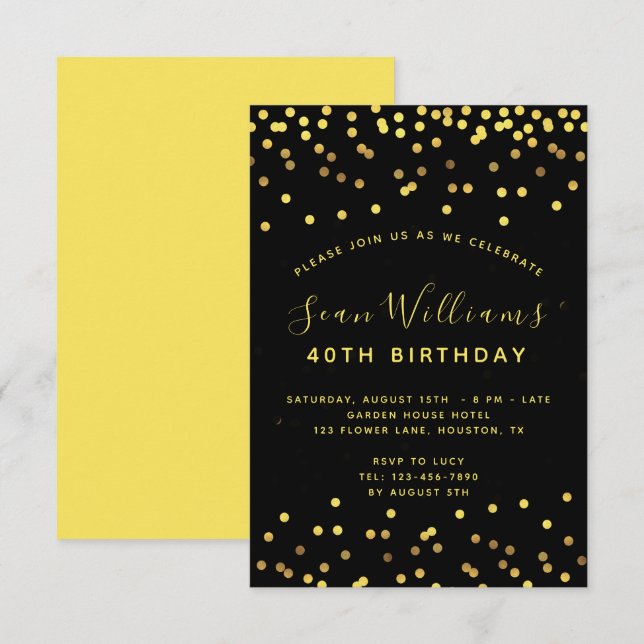 Invitación Fiesta de cumpleaños del Confetti de oro del hombr (Anverso / Reverso)