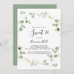 Invitación Fiesta de cumpleaños del Confetti de oro Eucalyptu<br><div class="desc">Esta invitación a la fiesta de 16 cumpleaños es ideal para un cumpleaños rústico. El diseño presenta una acuarela de color eucalipto verde con confeti dorado.</div>