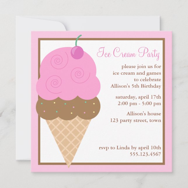 Invitación Fiesta de cumpleaños del cono de helado de los (Anverso)