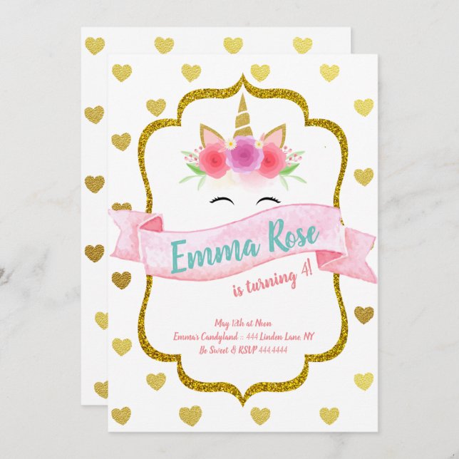 Invitación Fiesta de Cumpleaños del Corazón de Unicornio (Anverso / Reverso)