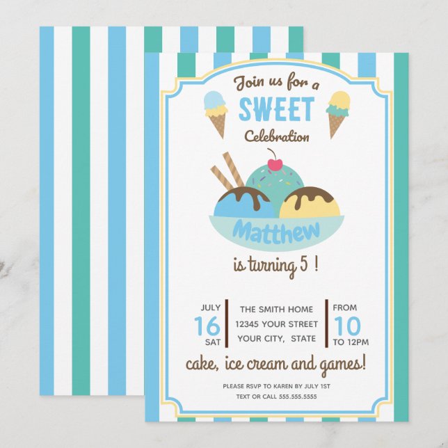 Invitación Fiesta de cumpleaños del crema de hielo azul verde (Anverso / Reverso)