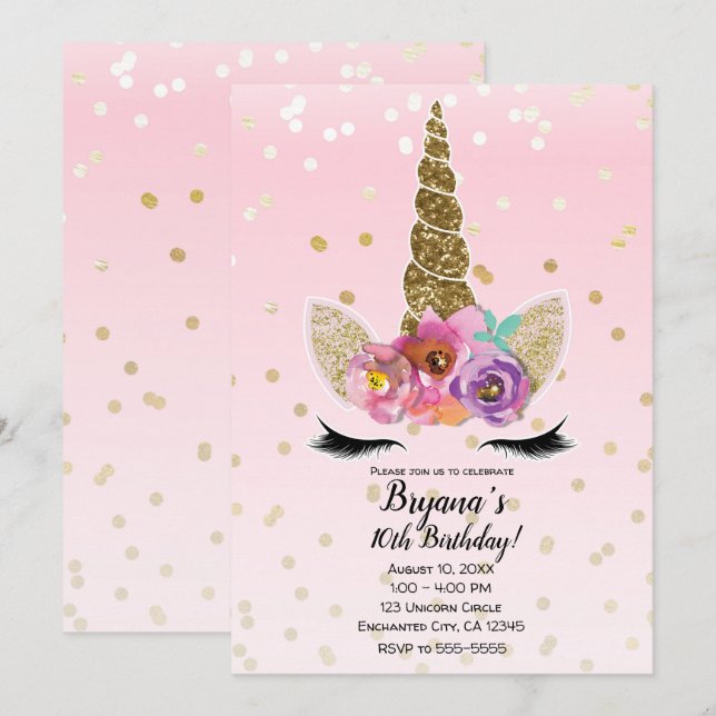 Invitación Fiesta de cumpleaños del cuerno floral de unicorni (Anverso / Reverso)
