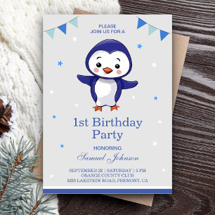 Invitación Fiesta de cumpleaños del Cute Blue Penguin por su 