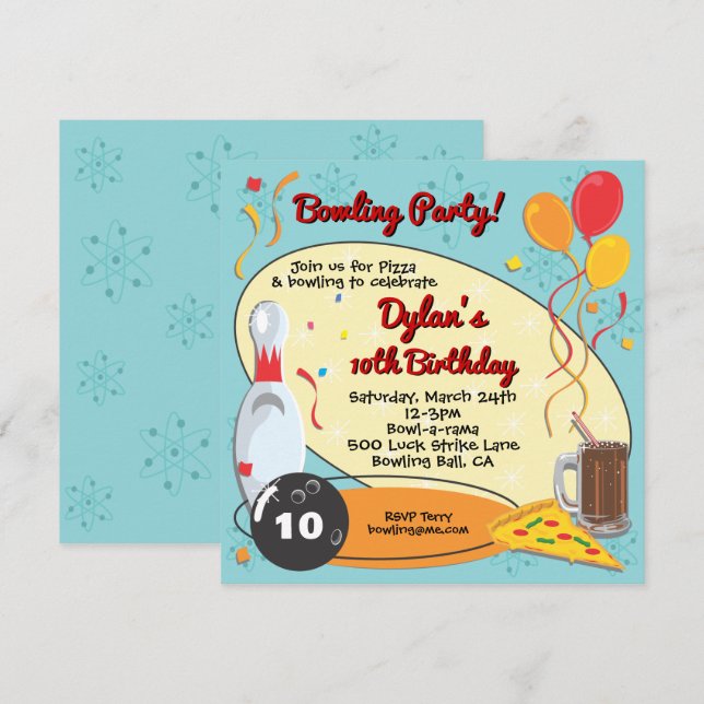 Invitación Fiesta de cumpleaños del Día de los bolos Retro (Anverso / Reverso)
