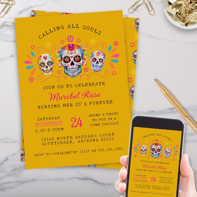 Invitación Fiesta de cumpleaños del Día de Oro de los Muertos (gold dia de los muertos day of the dead party invitations with personalized text for any occasion)