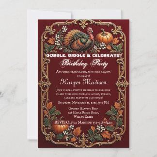 Invitación Fiesta de cumpleaños del Día de Pavo Burgundy Gobb