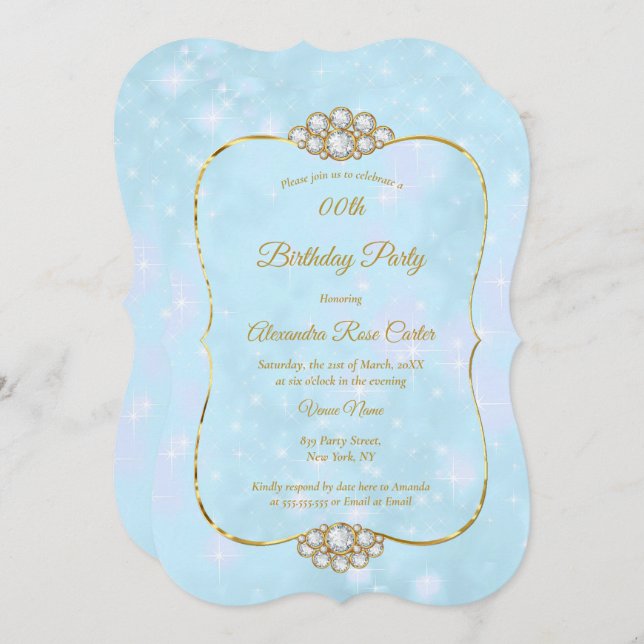 Invitación Fiesta de cumpleaños del diamante azul de oro de b (Anverso / Reverso)