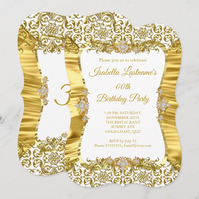 Invitación Fiesta de cumpleaños del diamante blanco de oro de (Anverso / Reverso)