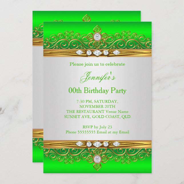 Invitación Fiesta de cumpleaños del Diamante Blanco Lime Gree (Anverso / Reverso)