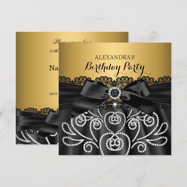 Invitación Fiesta de cumpleaños del diamante de Bow Black Lac (Anverso / Reverso)