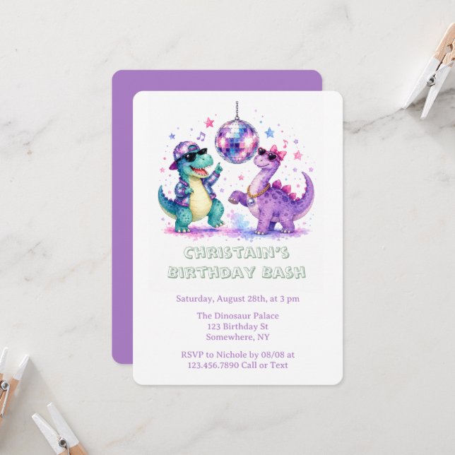 Invitación Fiesta de cumpleaños del dinosaurio de disco acuar (Anverso/Reverso In Situ)