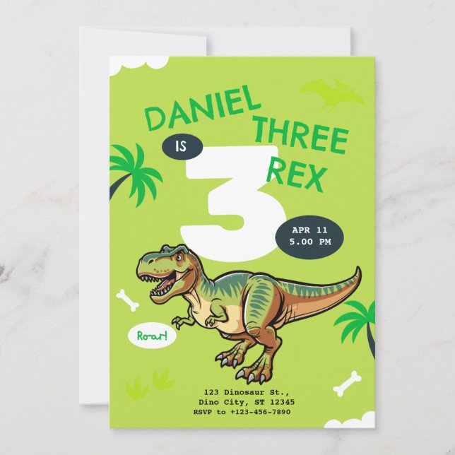 Invitación Fiesta de cumpleaños del dinosaurio T-Rex (Anverso)