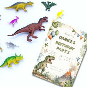 Invitación Fiesta de Cumpleaños del Dinosaurio T-Rex Acuarela