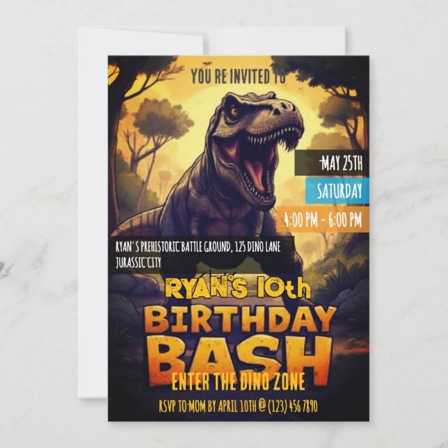 Invitación Fiesta de Cumpleaños del Dinosaurio T Rex Rugiente (Anverso)