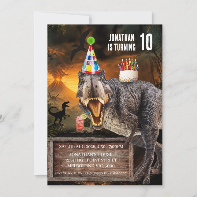 Invitación Fiesta de cumpleaños del dinosaurio T-Rex rugiente (Anverso)