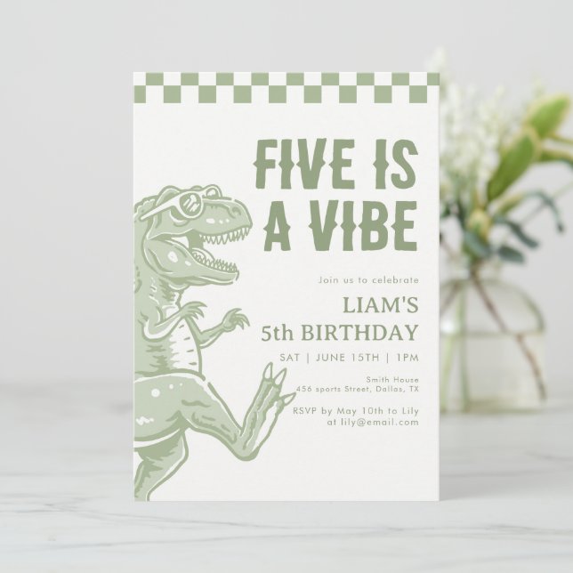 Invitación Fiesta de cumpleaños del dinosaurio T Rex Verde Re (Anverso de pie)