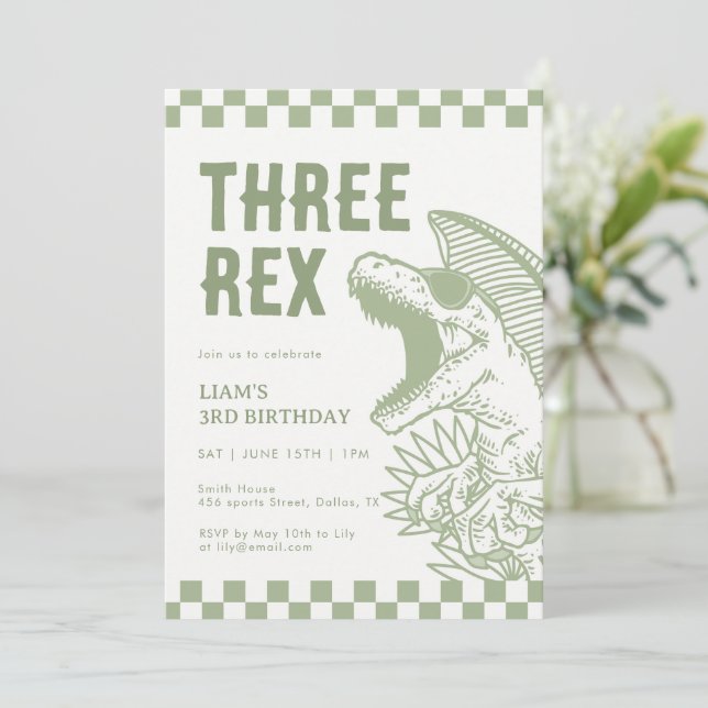 Invitación Fiesta de cumpleaños del dinosaurio T Rex Verde Re (Anverso de pie)