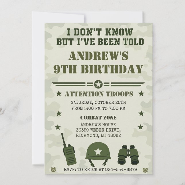 Invitación Fiesta de cumpleaños del ejército con camuflaje pe (Anverso)