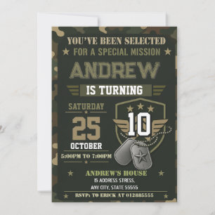 Invitación Fiesta de cumpleaños del ejército con camuflaje pe