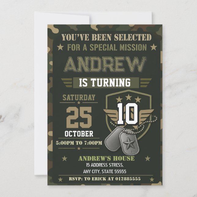 Invitación Fiesta de cumpleaños del ejército con camuflaje pe (Anverso)