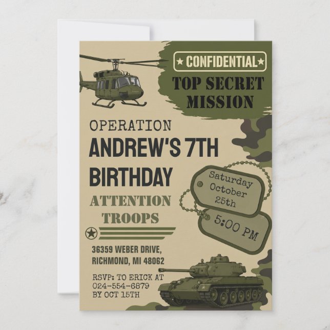 Invitación Fiesta de cumpleaños del ejército de camuflaje per (Anverso)
