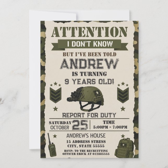 Invitación Fiesta de cumpleaños del ejército moderno personal (Anverso)