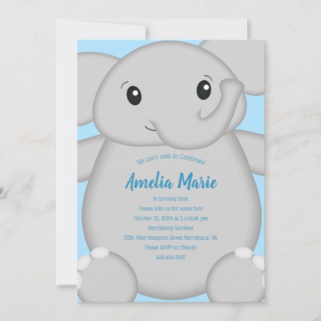 Invitación Fiesta de cumpleaños del Elefante Azul (Anverso)
