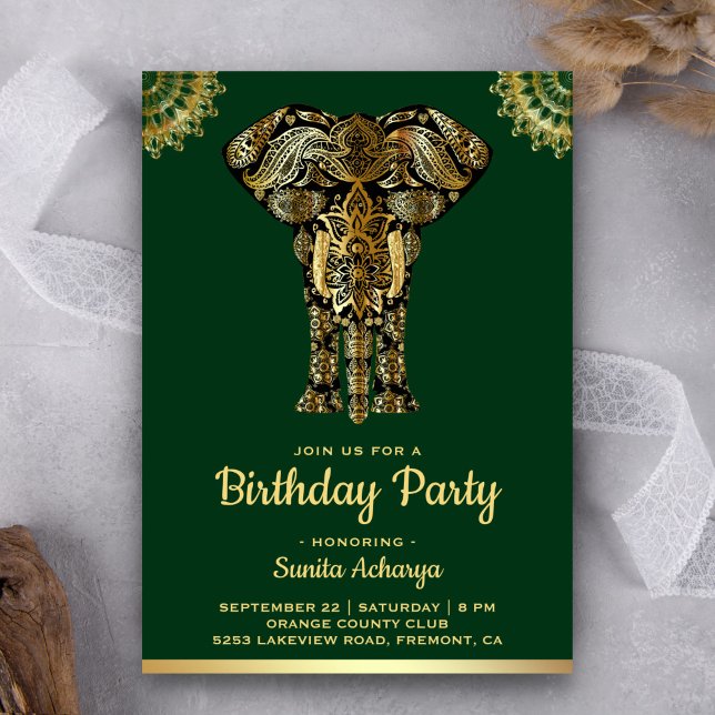 Invitación Fiesta de cumpleaños del Elefante de Oro Verde (Subido por el creador)