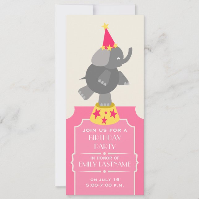 Invitación Fiesta de cumpleaños del elefante del circo rosado (Anverso)