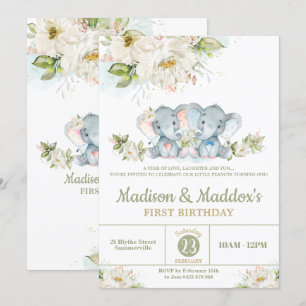 Invitación Fiesta de cumpleaños del elefante gemelo Chica