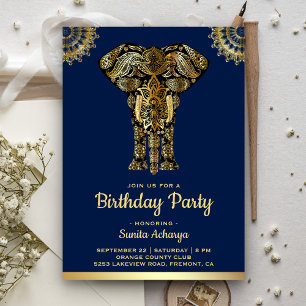 Invitación Fiesta de Cumpleaños del Elefante Indio de Oro Azu