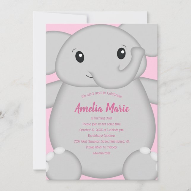 Invitación Fiesta de cumpleaños del Elefante Rosa (Anverso)