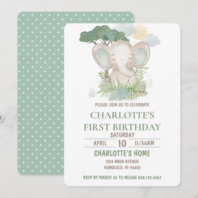 Invitación Fiesta de cumpleaños del Elefante Verde (Anverso / Reverso)